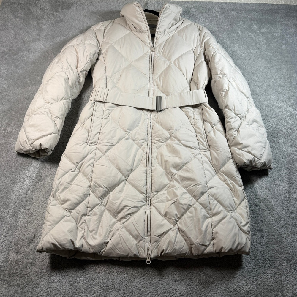 Uniqlo Down Puffer Coat Women Large Cream Belted Feathers Quilted Winter